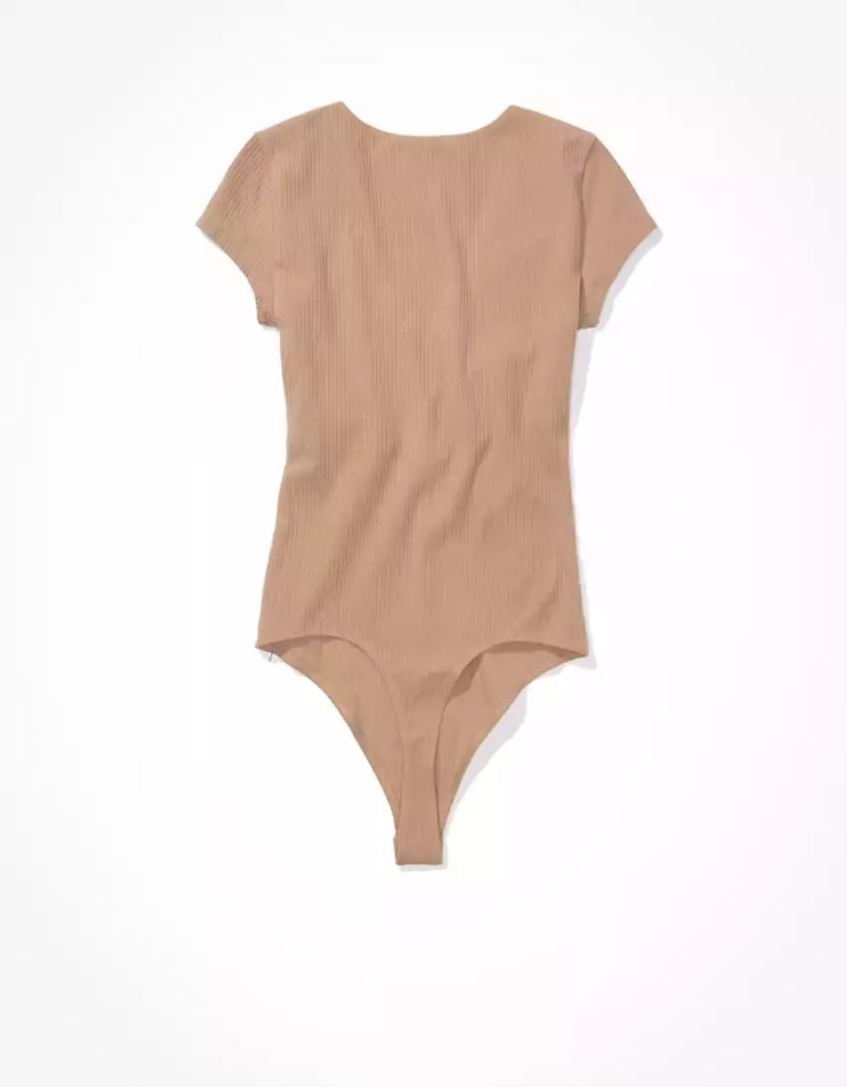 T Shirts American Eagle AE V-Neck Corta-Sleeve Bodysuit Marron Femme | HQD-12790532